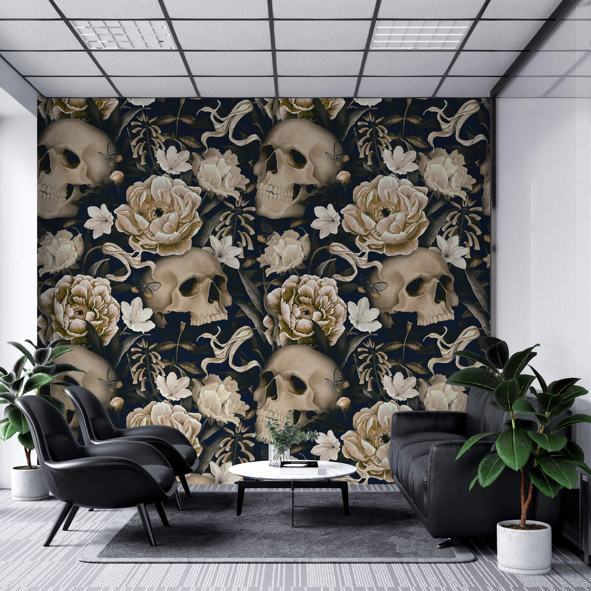 Tapet Personalizat Floral cu cranii si flori intr-un stil vintage - FLORAL SKULL