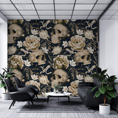 Tapet Personalizat Floral cu cranii si flori intr-un stil vintage - FLORAL SKULL