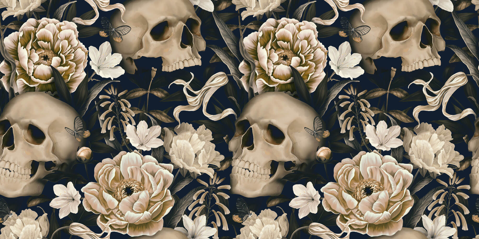 Tapet Personalizat Floral cu cranii si flori intr-un stil vintage - FLORAL SKULL