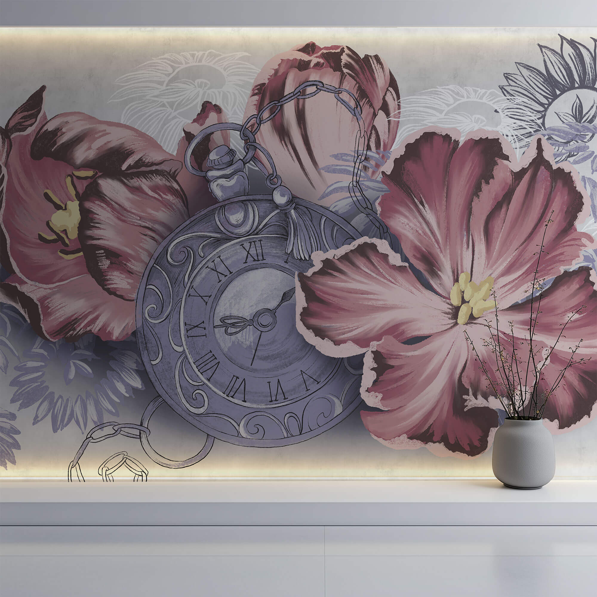 Tapet Personalizat Floral cu flori si un ceas vintage - WATCH FLOWERS