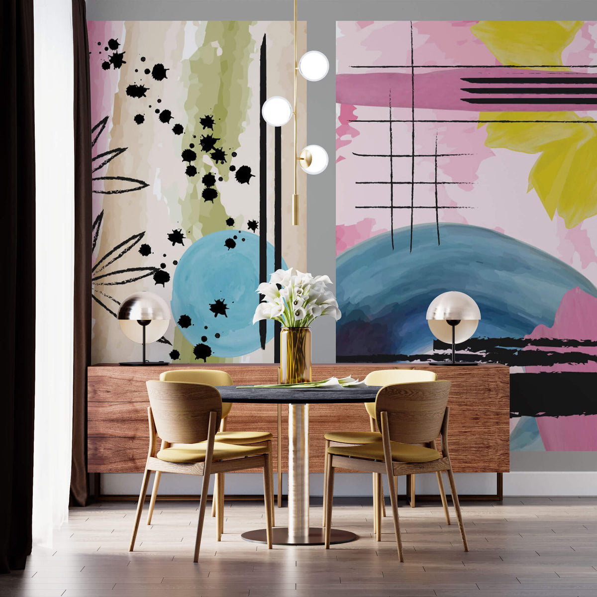 Tapet Personalizat Floral cu trei ilustratii florale in pictura abstracta - FUNKY FLOWERS
