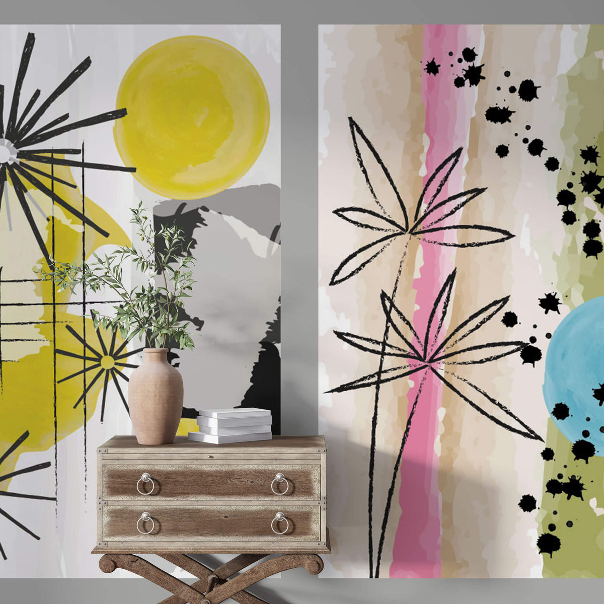 Tapet Personalizat Floral cu trei ilustratii florale in pictura abstracta - FUNKY FLOWERS