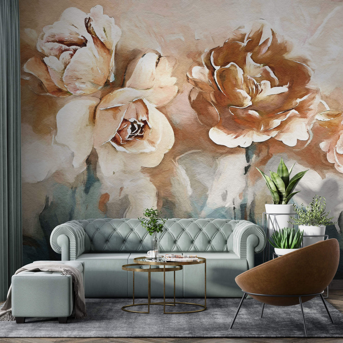 Tapet Personalizat Floral cu flori pictate in nuante de crem si albastru - CARAMEL ROSES