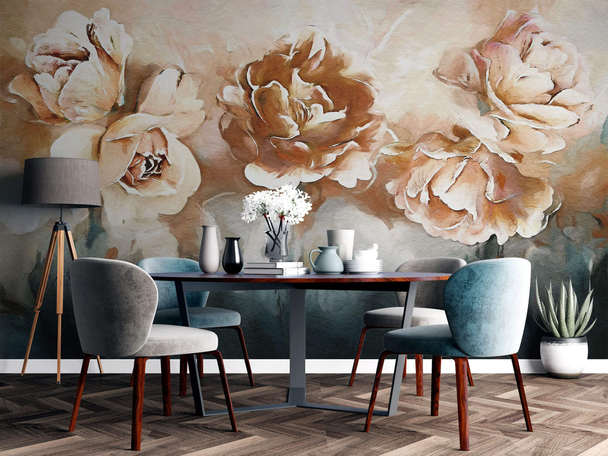 Tapet Personalizat Floral cu flori pictate in nuante de crem si albastru - CARAMEL ROSES