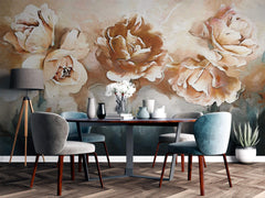 Tapet Personalizat Floral cu flori pictate in nuante de crem si albastru - CARAMEL ROSES