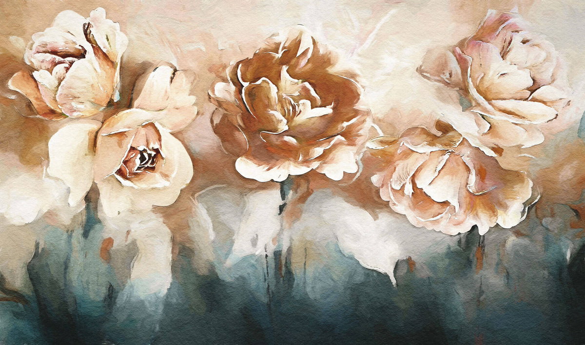 Tapet Personalizat Floral cu flori pictate in nuante de crem si albastru - CARAMEL ROSES