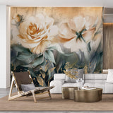 Tapet Personalizat Floral cu flori in nuante de portocaliu piersica si insertii aurii - CARAMEL ROSES GOLD