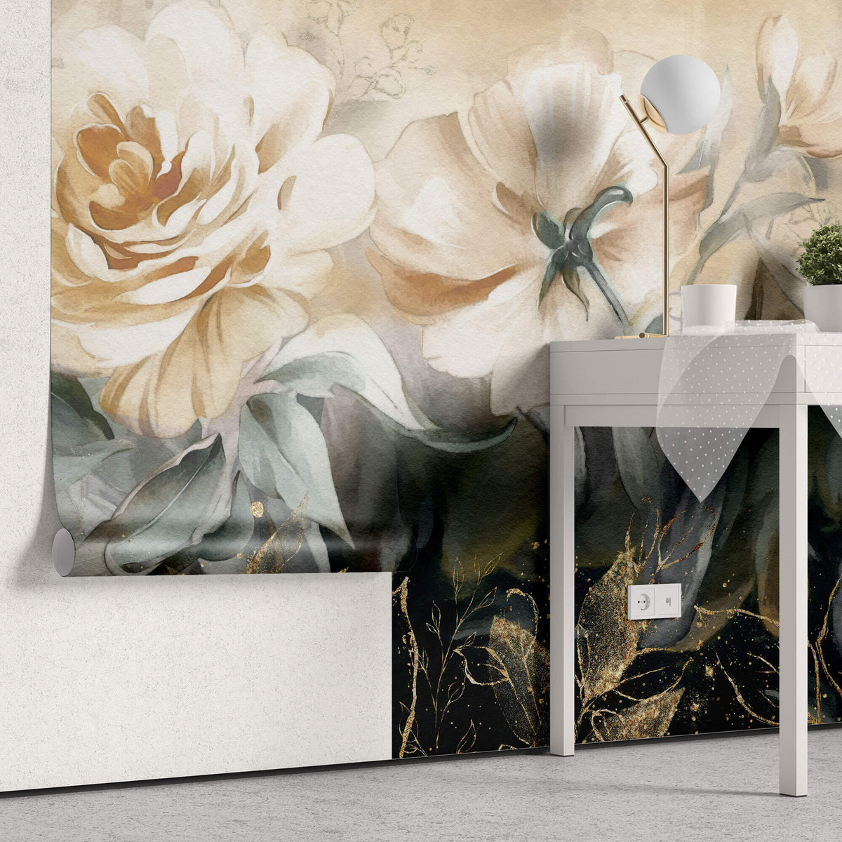 Tapet Personalizat Floral cu flori in nuante de portocaliu piersica si insertii aurii - CARAMEL ROSES GOLD