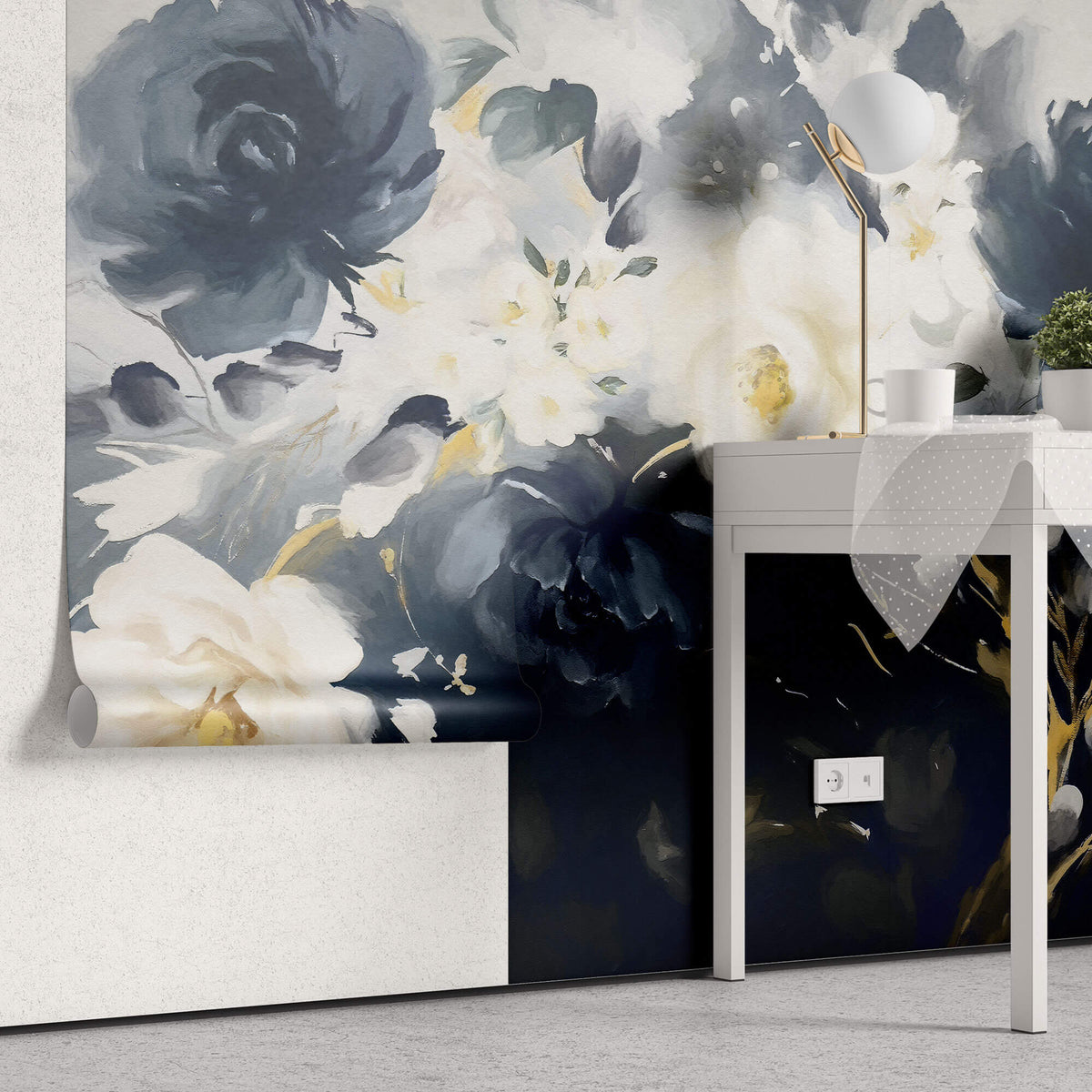Tapet Personalizat Floral cu pictura florala in nuante de crem si albastru regal - BLUE PAPER FLOWERS