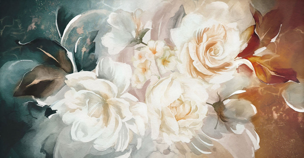 Tapet Personalizat Floral cu flori in nuante de portocaliu piersica si verde-albastrui - WATERCOLOR PAPER ROSES