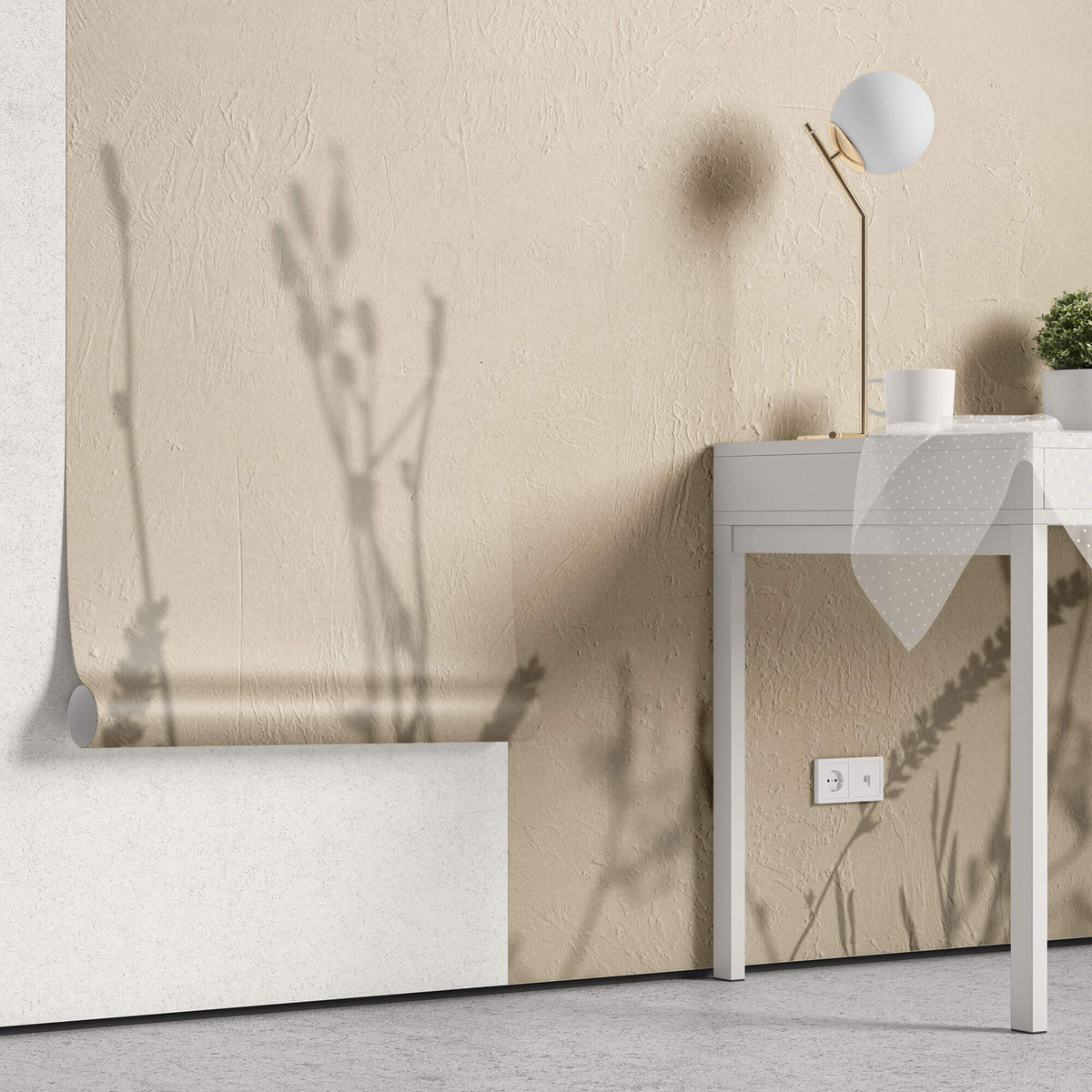 Fototapet Personalizat Floral cu umbre de plante pe un perete in stil plaster - GENTLE SHADOWS