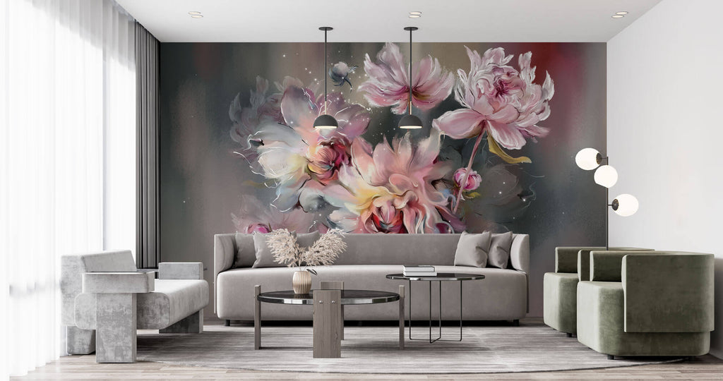 Tapet Personalizat Floral cu bujori pictati in nuante de roz - PINK NEBULA PEONIES