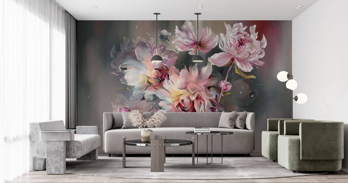 Tapet Personalizat Floral cu bujori pictati in nuante de roz - PINK NEBULA PEONIES