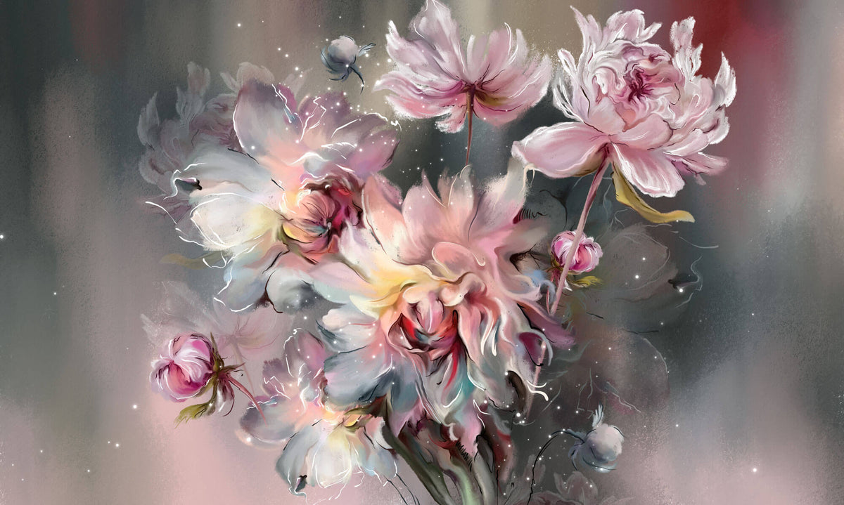 Tapet Personalizat Floral cu bujori pictati in nuante de roz - PINK NEBULA PEONIES