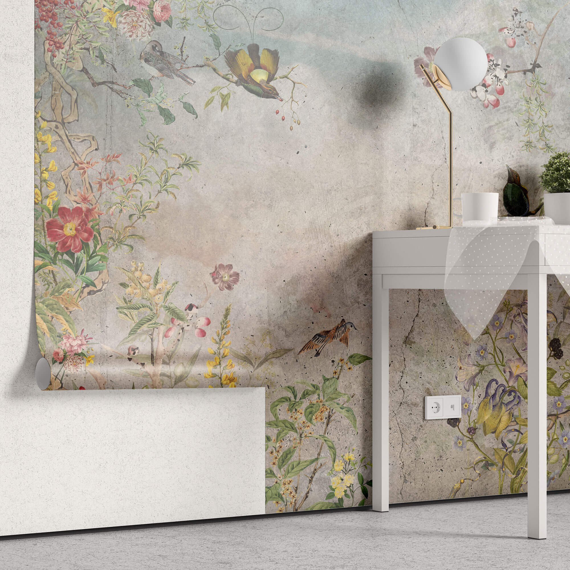 Tapet Personalizat Floral cu elemente florale multicolore pe un fundal de perete cimentat - COLORFUL GARDEN PASTEL