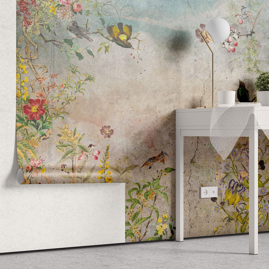Tapet Personalizat Floral cu elemente florale in culori vibrante pe un fundal de perete cimentat - COLORFUL GARDEN VIVID