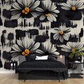Tapet Personalizat Floral cu margarete albe in fundal negru pictat - BLACK DAISY