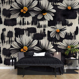 Tapet Personalizat Floral cu margarete albe in fundal negru pictat - BLACK DAISY