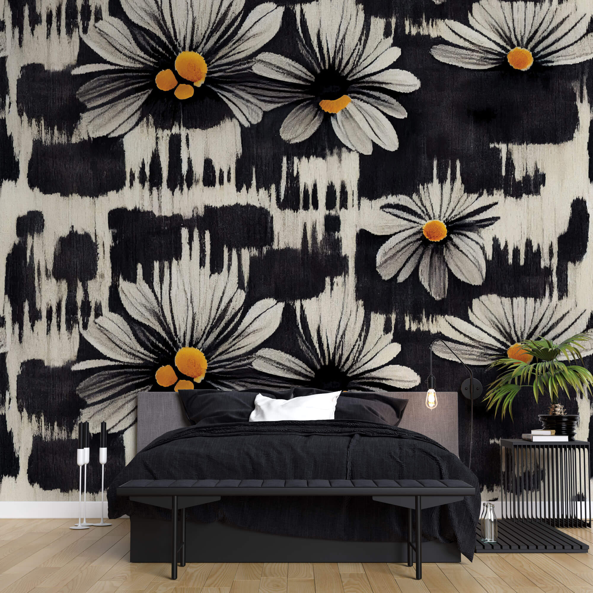 Tapet Personalizat Floral cu margarete albe in fundal negru pictat - BLACK DAISY