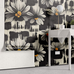 Tapet Personalizat Floral cu margarete albe in fundal negru pictat - BLACK DAISY