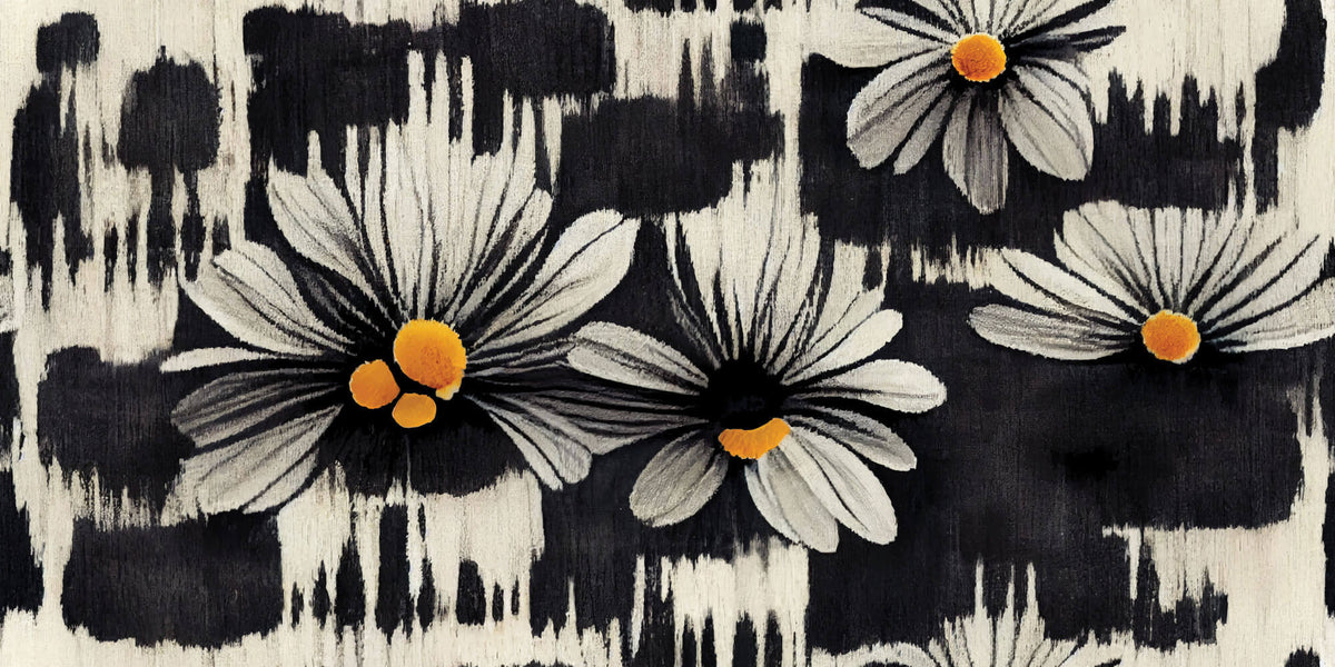 Tapet Personalizat Floral cu margarete albe in fundal negru pictat - BLACK DAISY