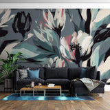 Tapet Personalizat Floral cu flori pictate cu accente roz si albastrui - BRUSHED FLOWERS