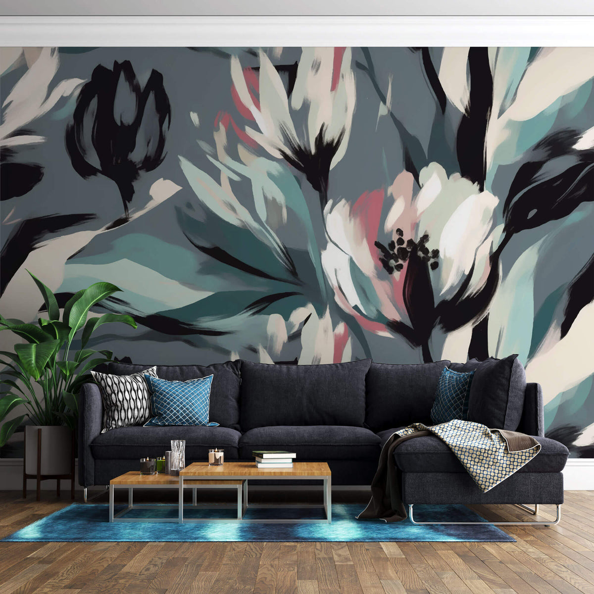 Tapet Personalizat Floral cu flori pictate cu accente roz si albastrui - BRUSHED FLOWERS