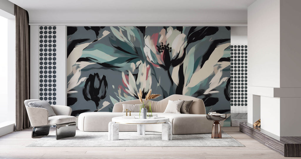 Tapet Personalizat Floral cu flori pictate cu accente roz si albastrui - BRUSHED FLOWERS