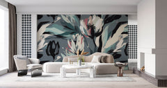 Tapet Personalizat Floral cu flori pictate cu accente roz si albastrui - BRUSHED FLOWERS