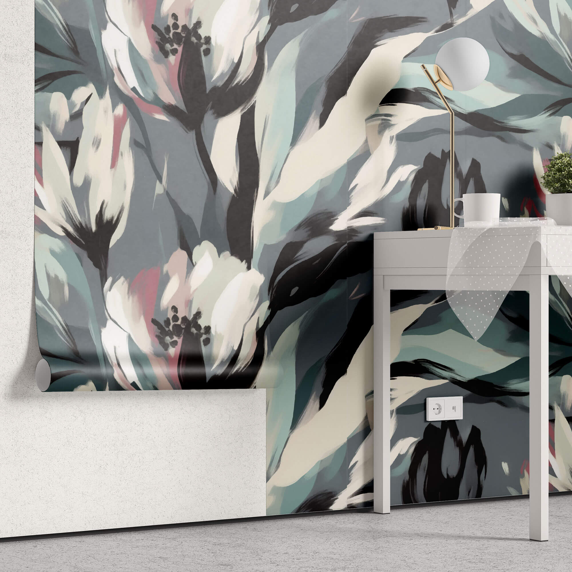 Tapet Personalizat Floral cu flori pictate cu accente roz si albastrui - BRUSHED FLOWERS