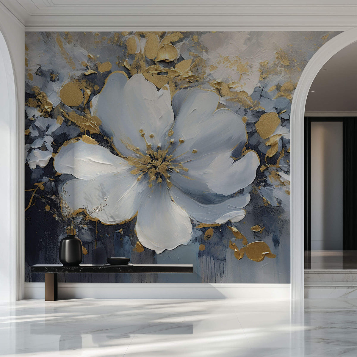 Tapet Personalizat Floral cu pictura florala in nuante de albastru cu accente aurii - PAINTED FLORAL MURAL