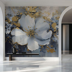 Tapet Personalizat Floral cu pictura florala in nuante de albastru cu accente aurii - PAINTED FLORAL MURAL