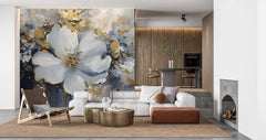 Tapet Personalizat Floral cu pictura florala in nuante de albastru cu accente aurii - PAINTED FLORAL MURAL