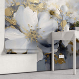 Tapet Personalizat Floral cu pictura florala in nuante de albastru cu accente aurii - PAINTED FLORAL MURAL
