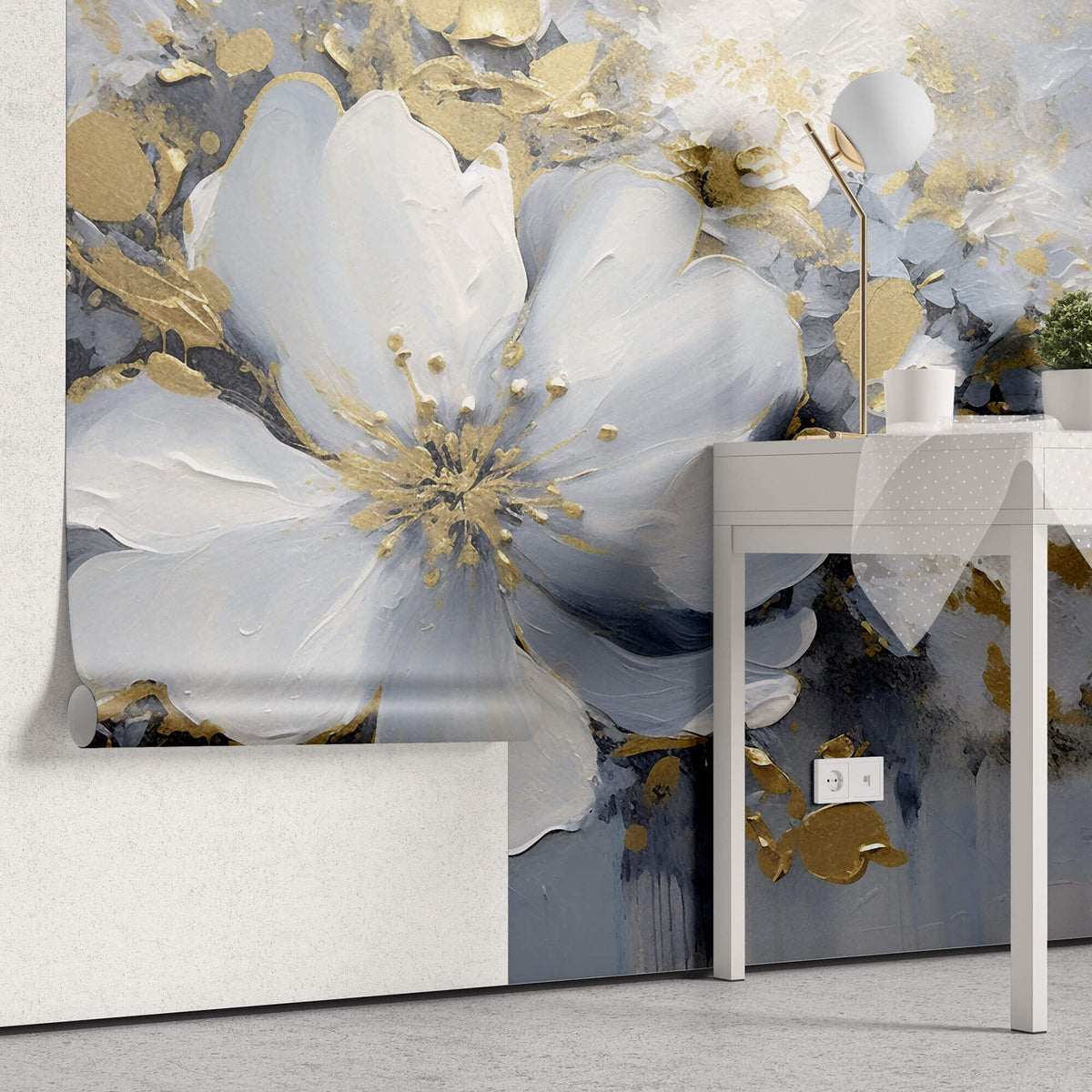 Tapet Personalizat Floral cu pictura florala in nuante de albastru cu accente aurii - PAINTED FLORAL MURAL
