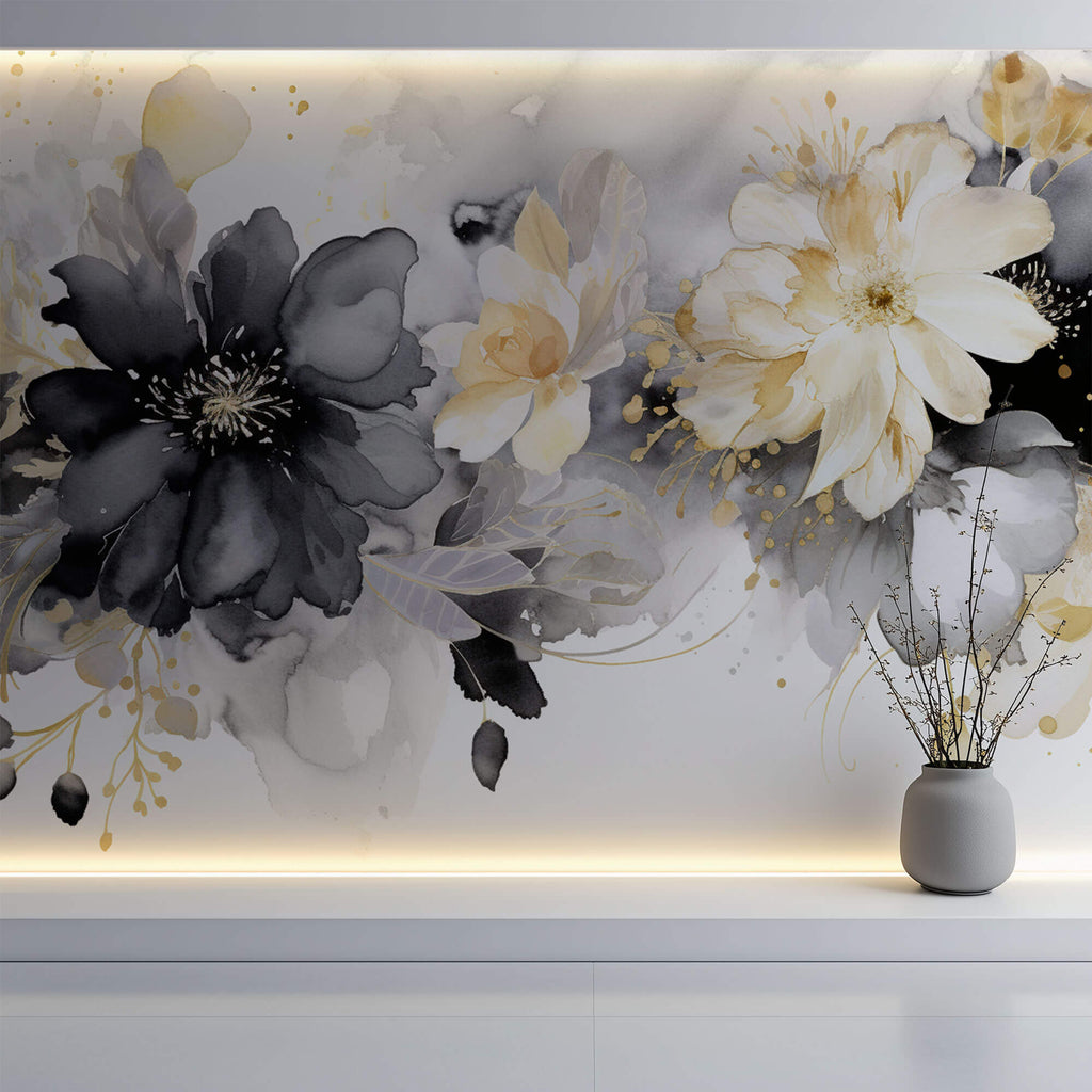 Tapet Personalizat Floral cu pictura watercolor in nuante de crem si negru - CREAMY BLACK WATERCOLOR