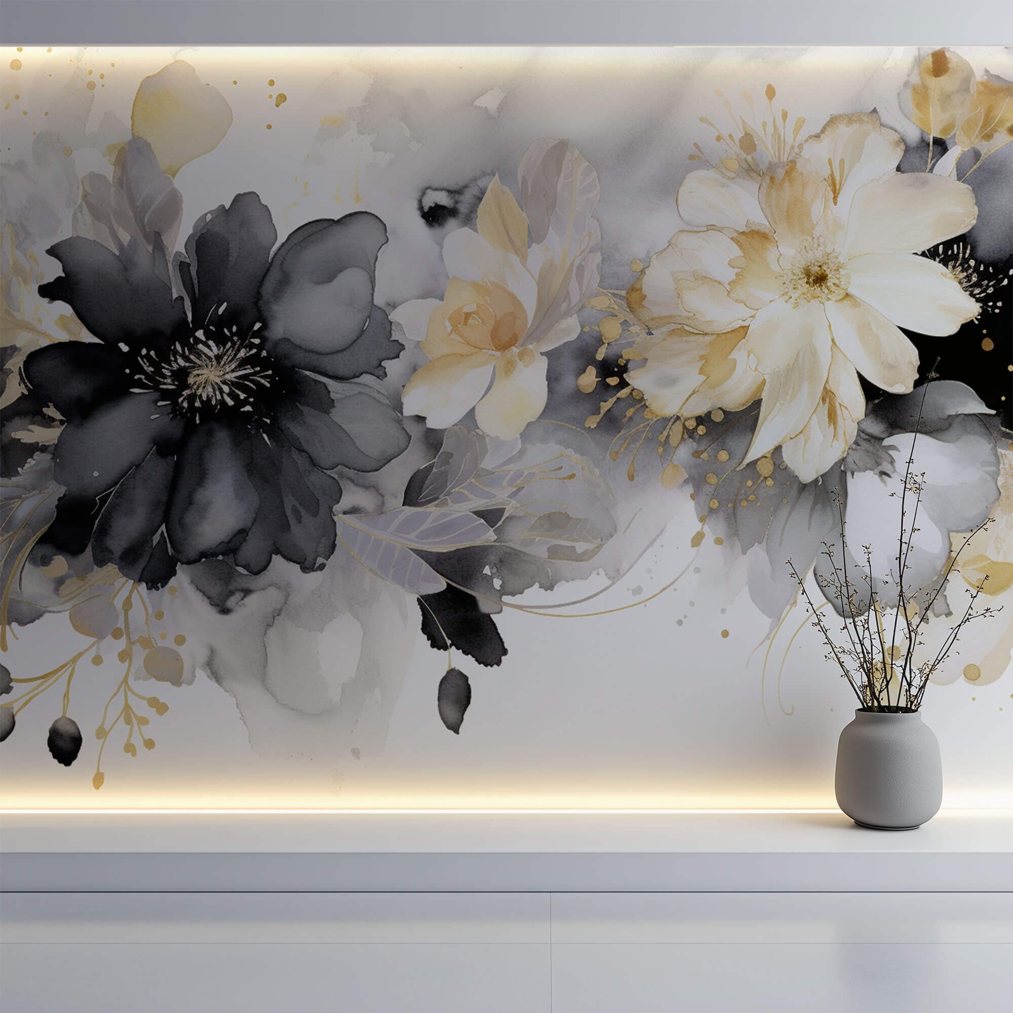 Tapet Personalizat Floral cu pictura watercolor in nuante de crem si negru - CREAMY BLACK WATERCOLOR