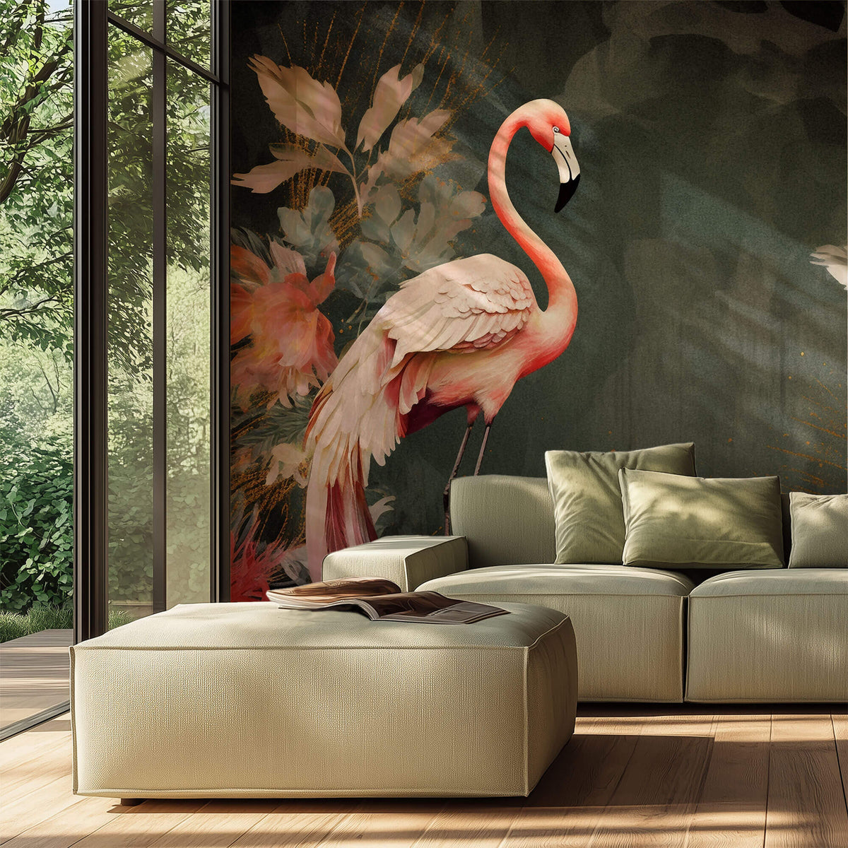 Tapet Personalizat Floral cu flori exotice roz si flamingo - FLORAL FLAMINGO