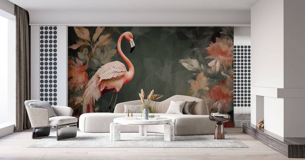 Tapet Personalizat Floral cu flori exotice roz si flamingo - FLORAL FLAMINGO