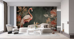 Tapet Personalizat Floral cu flori exotice roz si flamingo - FLORAL FLAMINGO