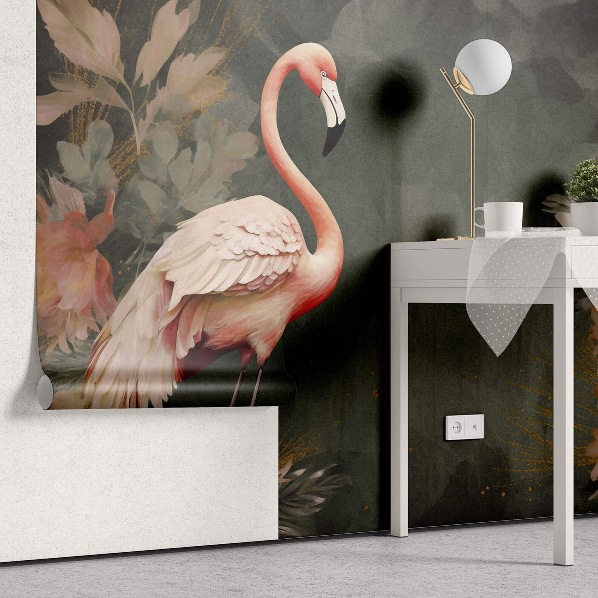 Tapet Personalizat Floral cu flori exotice roz si flamingo - FLORAL FLAMINGO