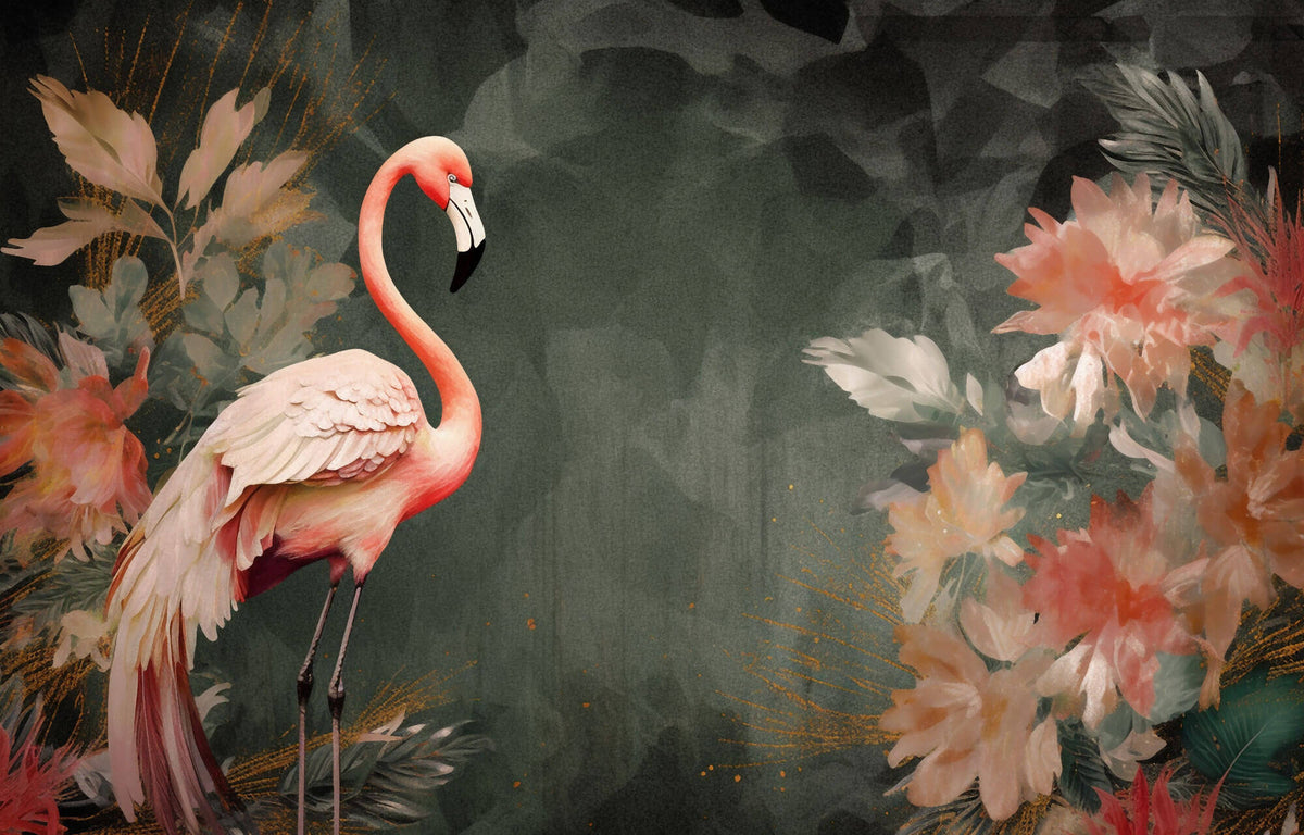 Tapet Personalizat Floral cu flori exotice roz si flamingo - FLORAL FLAMINGO