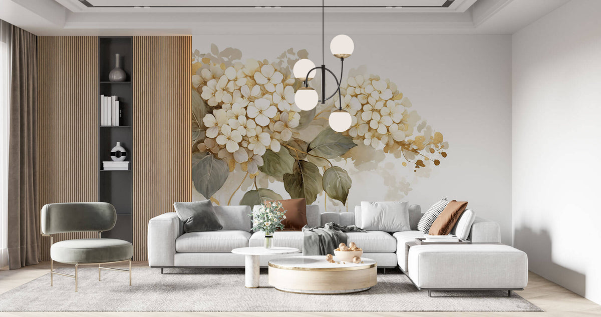 Tapet Personalizat Floral cu hortensie alba cu insertii aurii - GOLDEN CREAM HYDRANGEA