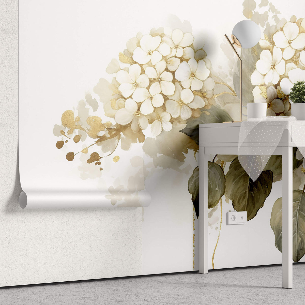 Tapet Personalizat Floral cu hortensie alba cu insertii aurii - GOLDEN CREAM HYDRANGEA