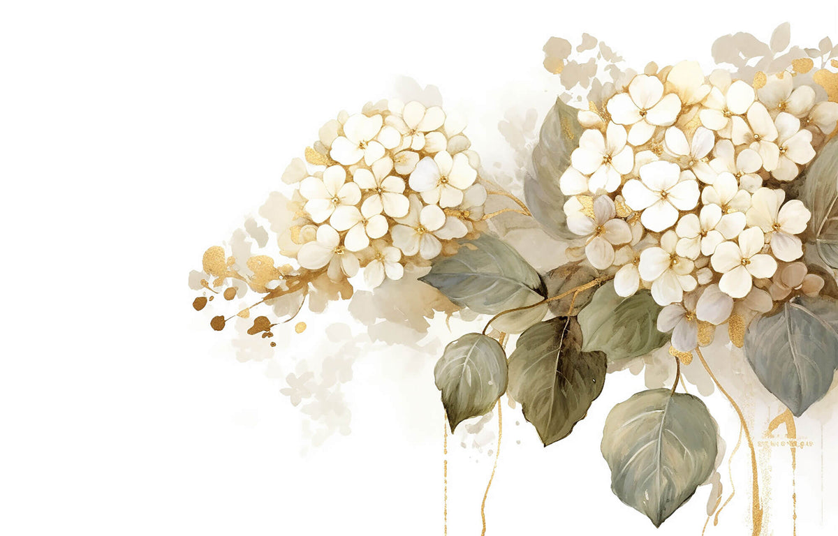 Tapet Personalizat Floral cu hortensie alba cu insertii aurii - GOLDEN CREAM HYDRANGEA