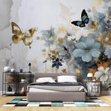Tapet Personalizat Floral cu pictura florala in nuante de albastru si fluturi aurii - GOLDEN BUTTERFLY