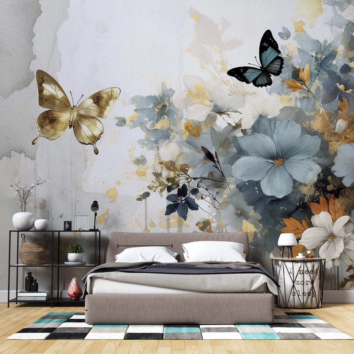 Tapet Personalizat Floral cu pictura florala in nuante de albastru si fluturi aurii - GOLDEN BUTTERFLY
