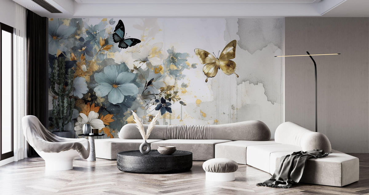 Tapet Personalizat Floral cu pictura florala in nuante de albastru si fluturi aurii - GOLDEN BUTTERFLY