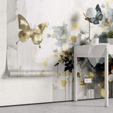 Tapet Personalizat Floral cu pictura florala in nuante de albastru si fluturi aurii - GOLDEN BUTTERFLY