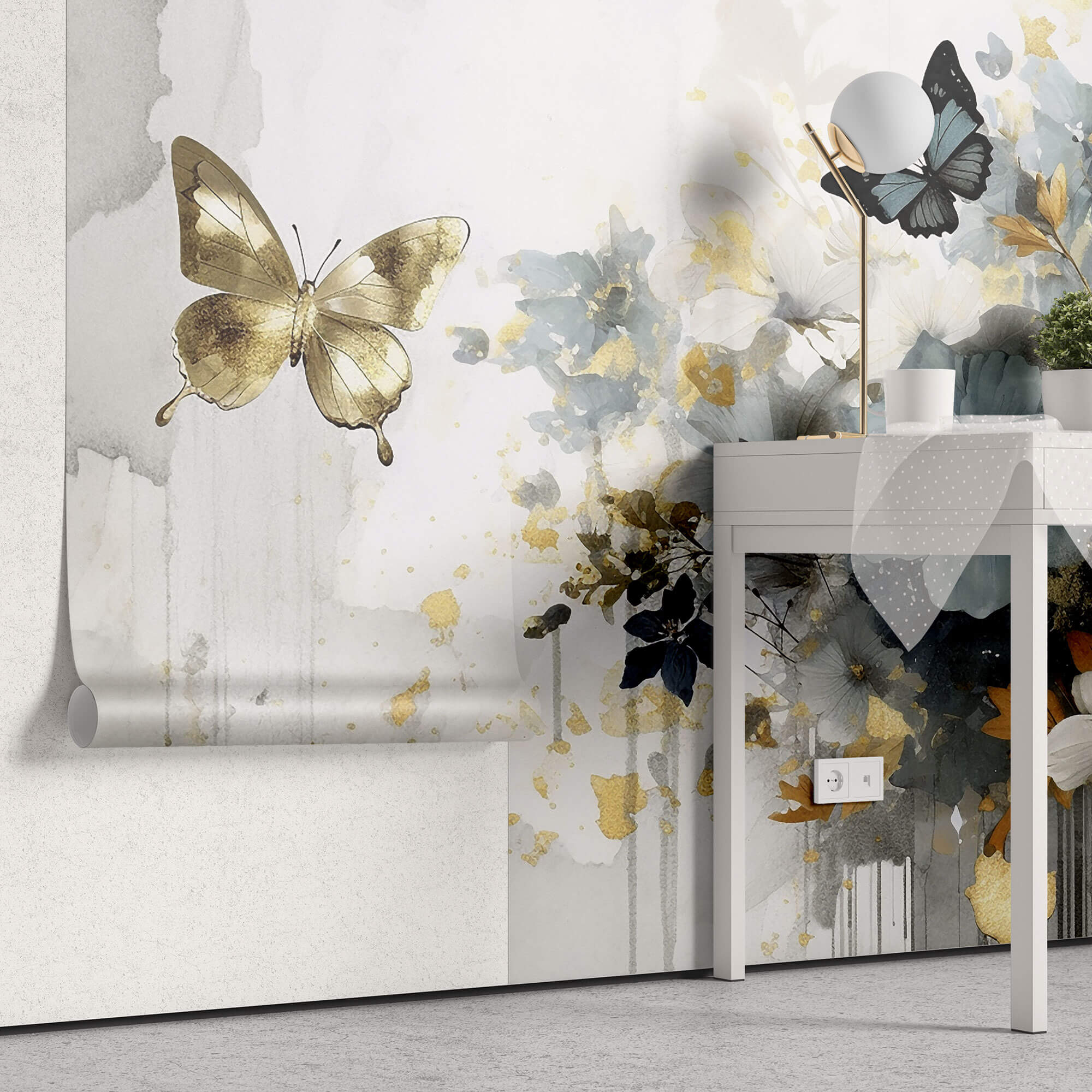 Tapet Personalizat Floral cu pictura florala in nuante de albastru si fluturi aurii - GOLDEN BUTTERFLY